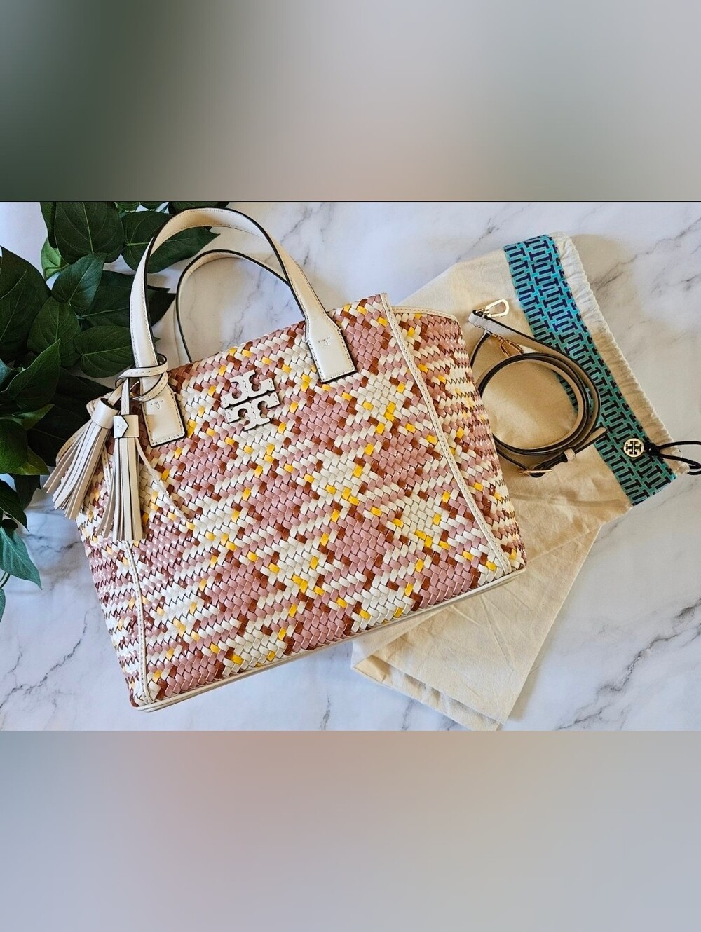 Tory Burch Thea leather Woven Slouchy bag with original dust bag Pink cream Noon